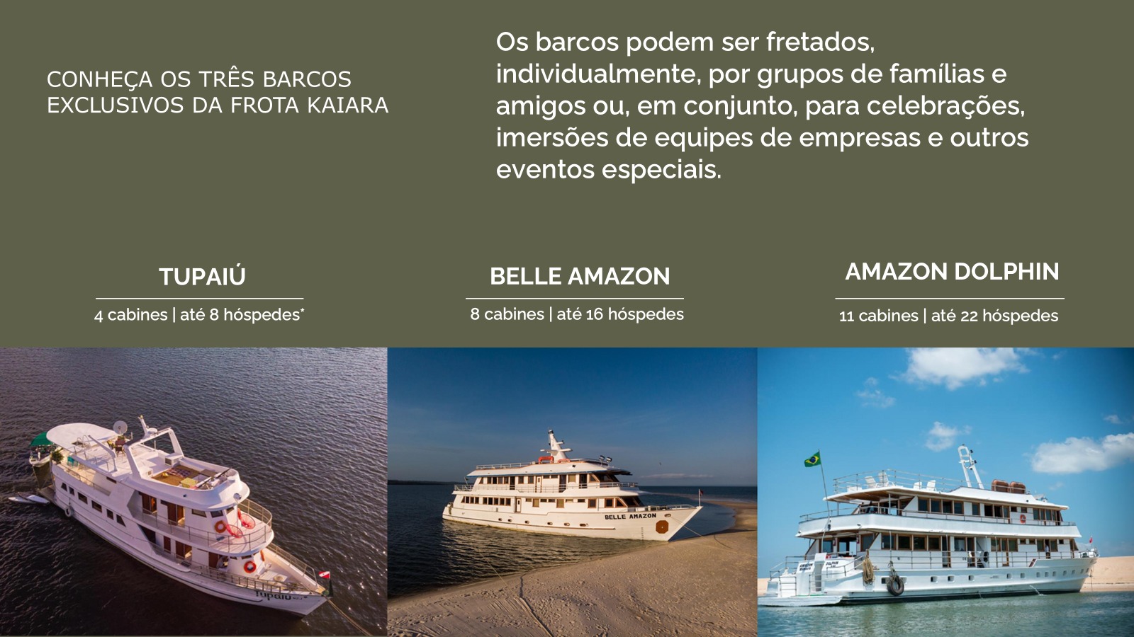 Conheça os três barcos exclusivos da Frota Kaiara: Tupaiú, Belle Amazon e Amazon Dolphin